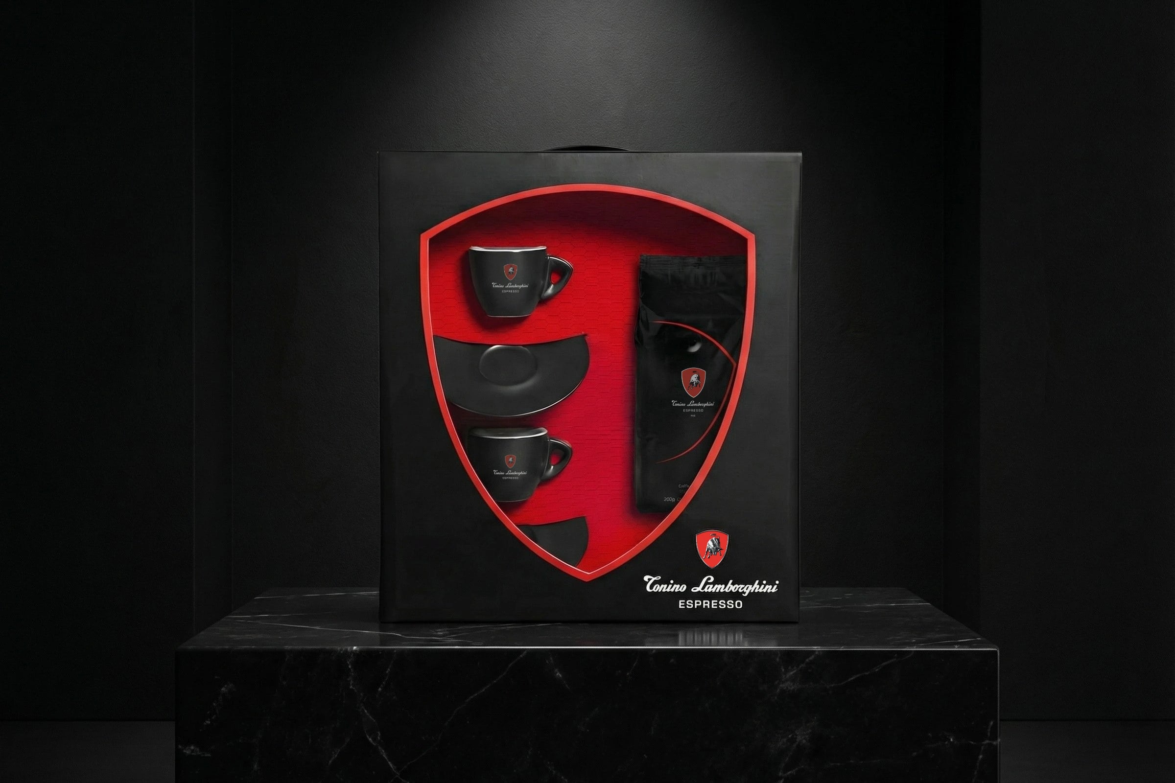 Lamborghini espresso set in a black and red box on a dark background