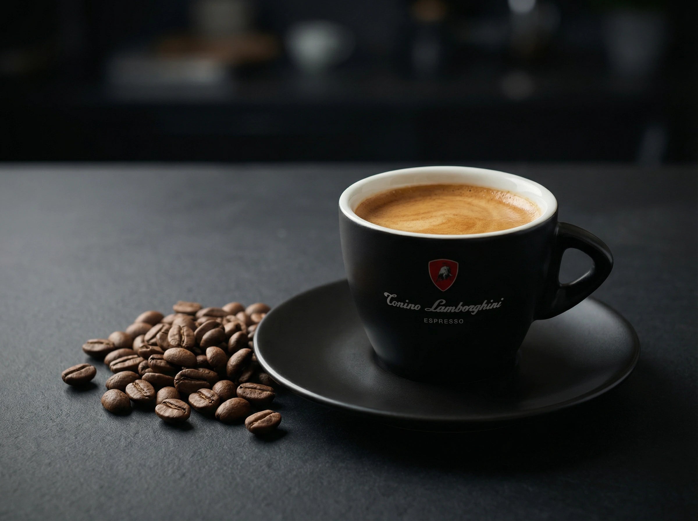 Italian Cappuccino Black cup with espresso and saucer on a dark surface with coffee beans, featuring Lamborghini Coffee branding.