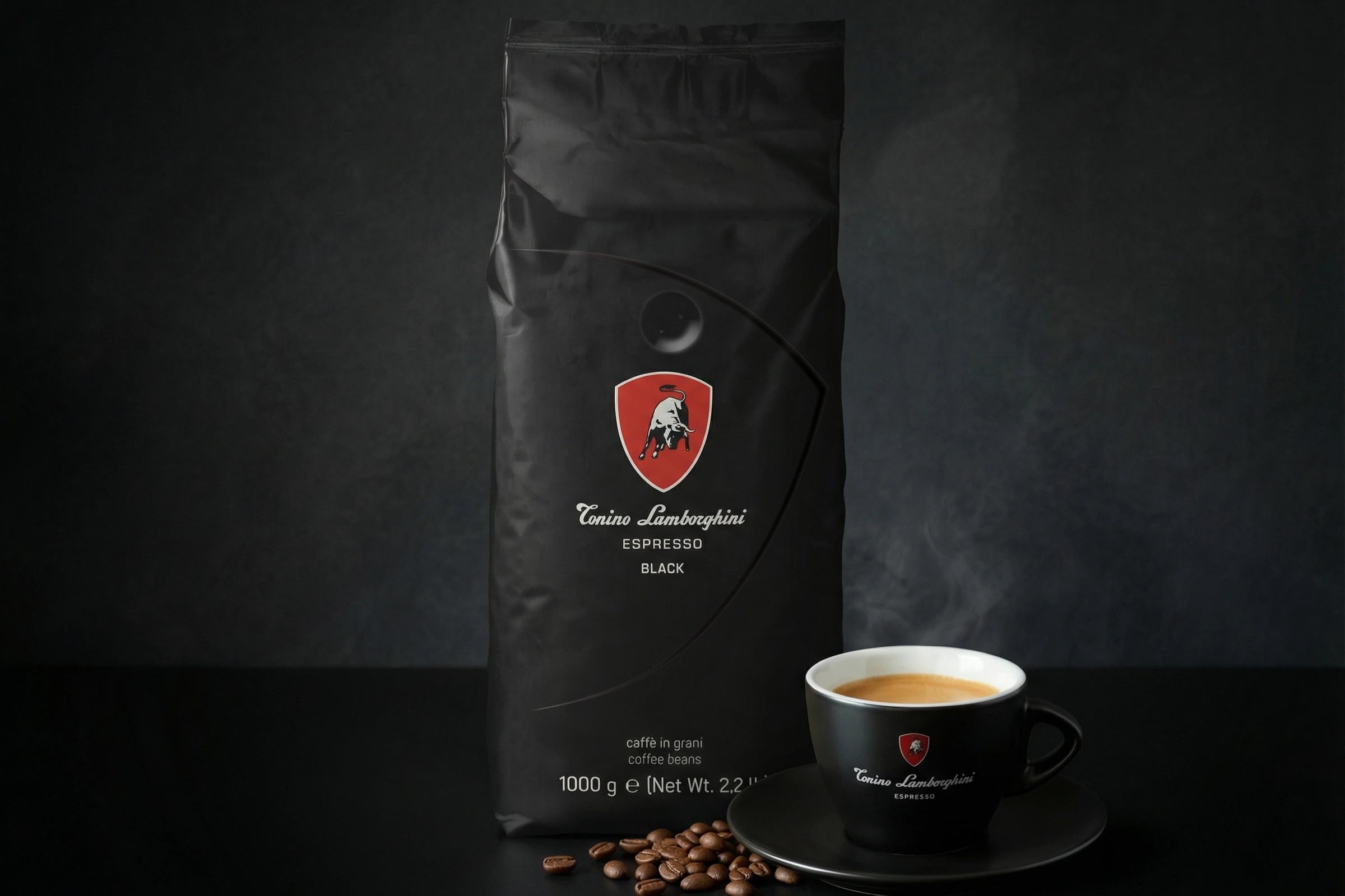 Torino Lamborghini beans - black blend with a cup of coffee on a dark background