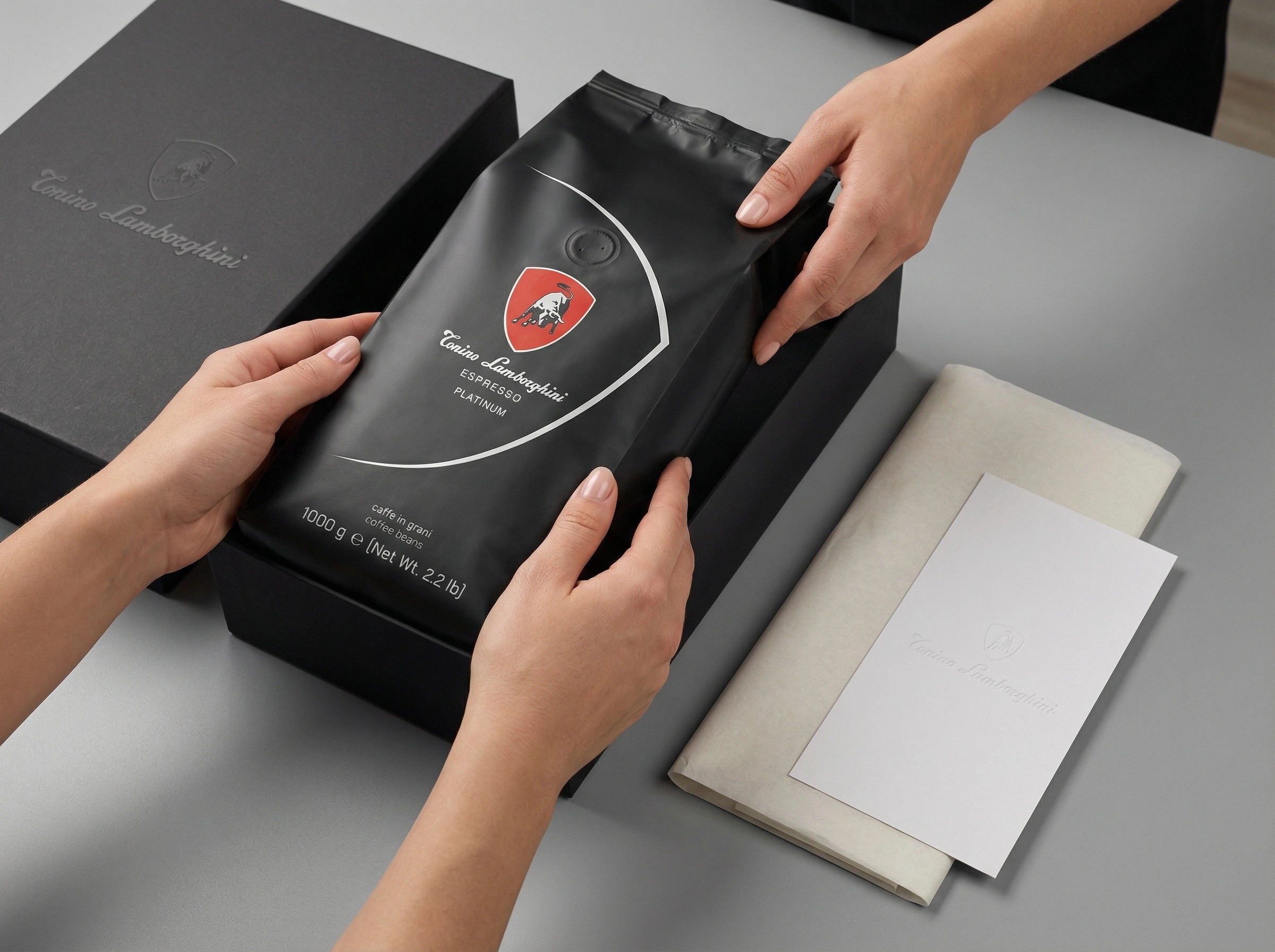 Tonino Lamborghini coffee packaged with tissue and care for safe, elegant delivery