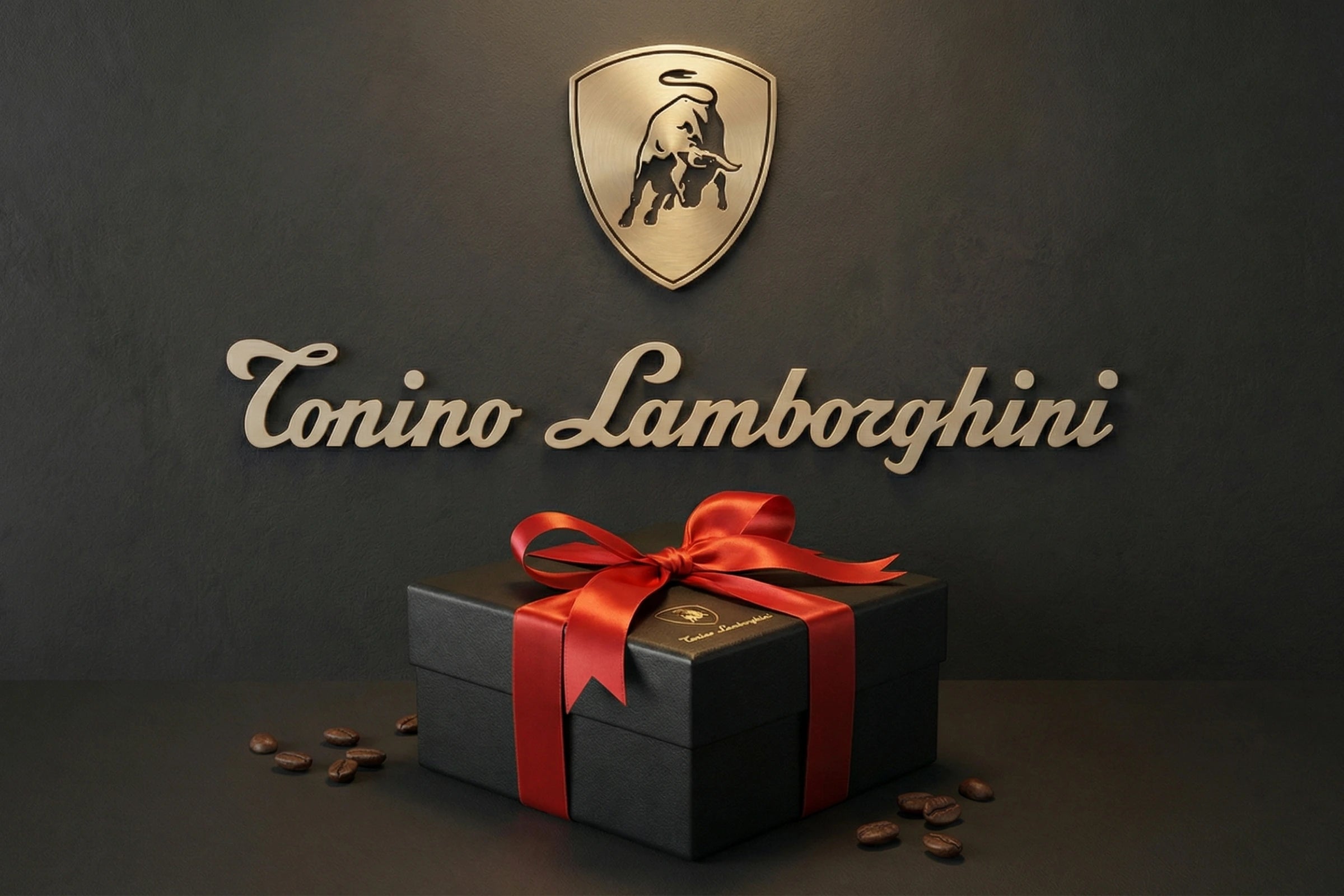 Black gift box with red ribbon and 'Tonino Lamborghini' logo on a dark background